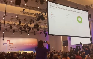 Delegates at the fifth assembly of the German Synodal Way, meeting in Frankfurt, Germany, on March 10, 2023, applaud after the he passage of a measure to establish official blessings for same-sex sexual relations. The motion passed with only 14 of 202 delegates opposing. Jonathan Liedl/National Catholic Register