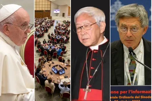 Pope Francis, the round tables at the Synod on Synodality at the Vatican, Cardinal Joseph Zen, and Paolo Ruffini.?w=200&h=150