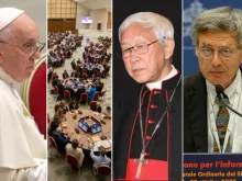 Pope Francis, the round tables at the Synod on Synodality at the Vatican, Cardinal Joseph Zen, and Paolo Ruffini.