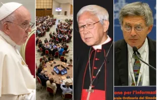 Pope Francis, the round tables at the Synod on Synodality at the Vatican, Cardinal Joseph Zen, and Paolo Ruffini. Credit: EWTN News