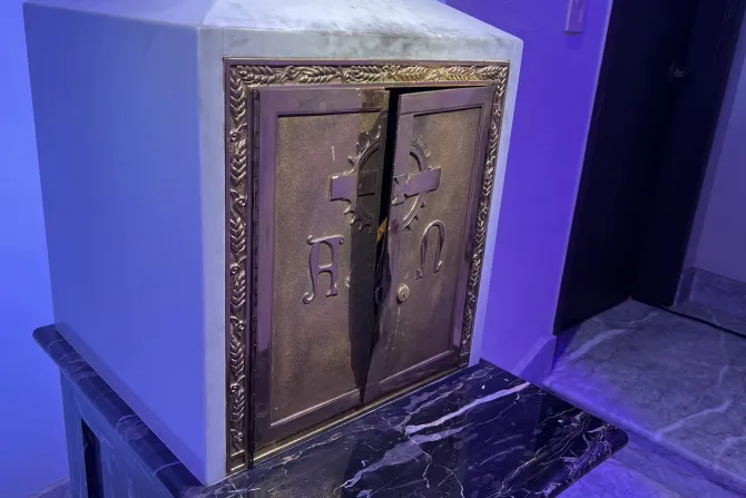 The tabernacle damaged by burglars at St. Monica’s in Santa Monica, Calif.