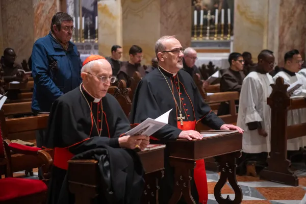 Cardinal Pizzaballa and Cardinal Fernando Filoni joined the prayers of the Franciscan friars of the Custody of the Holy Land who celebrated Vespers and the Te Deum on Dec. 31, 2023 in St. Saviour Church, Jerusalem. Credit: Courtesy of Silvia Giuliano