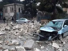 Damage to the neighborhood near the Melkite Greek Catholic Church in Aleppo, Syria