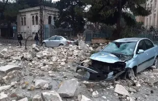 Damage to the neighborhood near the Melkite Greek Catholic Church in Aleppo, Syria Madonna Ewaz/ACI MENA