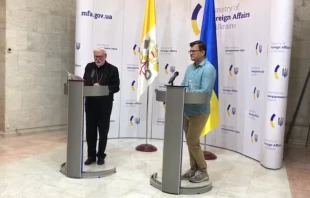 Archbishop Paul Gallagher meets with Ukrainian Foreign Minister Dmytro Kuleba in Kyiv on May 20. null