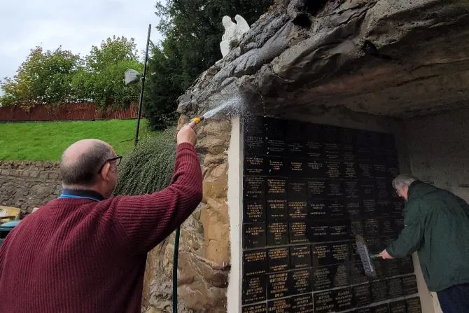 Carfin Grotto, Scotland’s national shrine to Our Lady of Lourdes, is cleaned after a suspected arson attack on Oct. 17, 2021