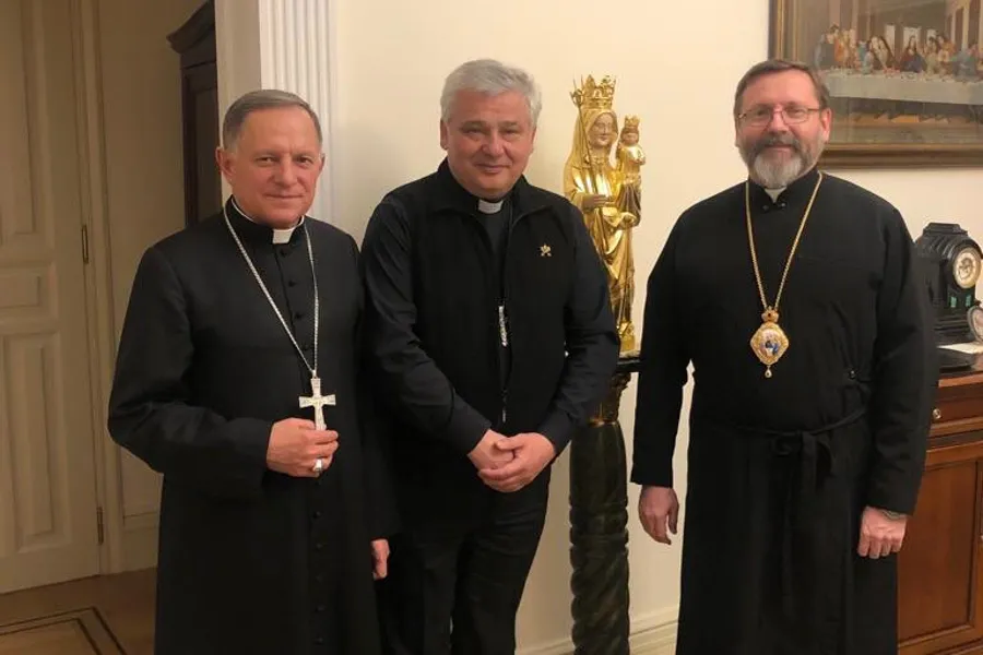 Papal envoy Cardinal Konrad Krajewski meets with Archbishop Mieczysław Mokrzycki and Major Archbishop Sviatoslav Shevchuk in Ukraine on March 8, 2022.?w=200&h=150