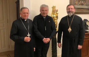 Papal envoy Cardinal Konrad Krajewski meets with Archbishop Mieczysław Mokrzycki and Major Archbishop Sviatoslav Shevchuk in Ukraine on March 8, 2022. Twitter @StanislawBudzik.