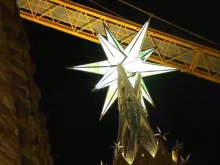 The 12-pointed star of the Sagrada Família Basilica’s Tower of the Virgin Mary is lit up for the first time.