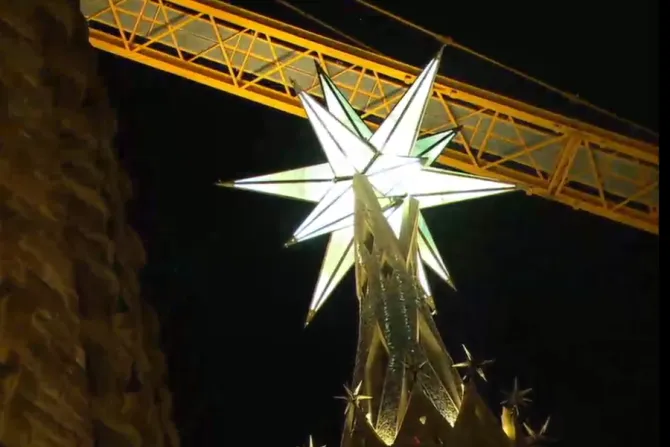 The 12-pointed star of the Sagrada Família Basilica’s Tower of the Virgin Mary is lit up for the first time