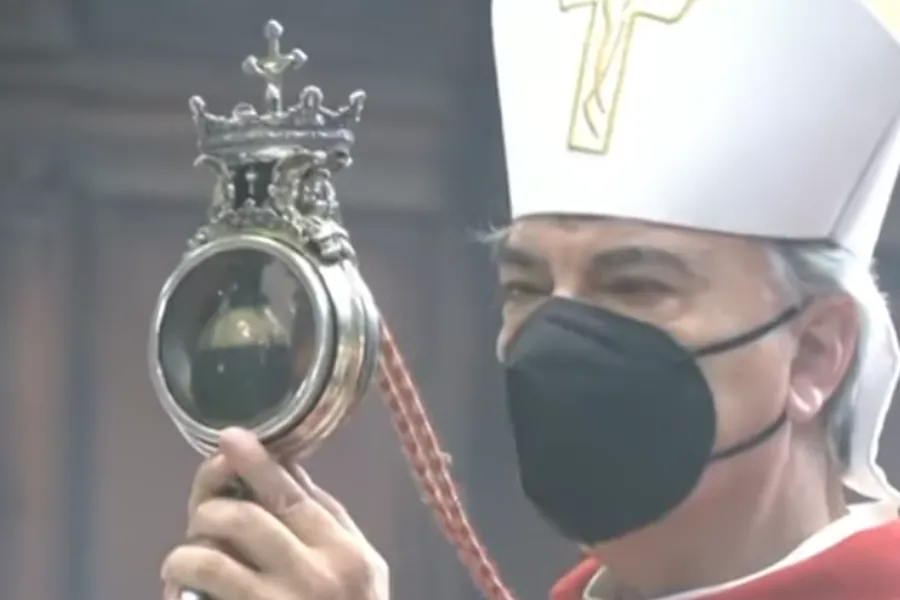 Archbishop Domenico Battaglia holds a reliquary containing St. Januarius’ liquefied blood in Naples Cathedral, Italy, Sept. 19, 2021.?w=200&h=150
