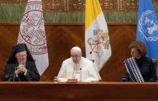 Patriarch Bartholomew I, Pope Francis, and UNESCO’s Audrey Azoulay at Rome’s Pontifical Lateran University, Oct. 7, 2021. Daniel Ibáñez/CNA.
