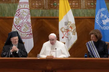 Patriarch Bartholomew I, Pope Francis, and UNESCO’s Audrey Azoulay at Rome’s Pontifical Lateran University, Oct. 7, 2021