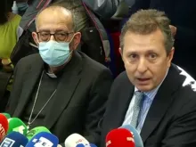 Cardinal Juan José Omella and lawyer Javier Cremades at a press conference in Madrid, Spain, Feb. 22, 2022.
