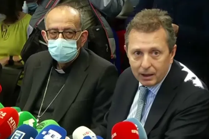Cardinal Juan José Omella and lawyer Javier Cremades at a press conference in Madrid, Spain, Feb. 22, 2022.