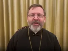 Major Archbishop Sviatoslav Shevchuk records a video message on Feb. 27, 2022.