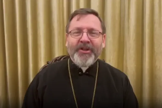 Major Archbishop Sviatoslav Shevchuk records a video message on Feb. 27, 2022