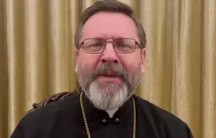 Major Archbishop Sviatoslav Shevchuk records a video message on Feb. 28, 2022. Screenshot from Ukrainian Catholic University YouTube channel.