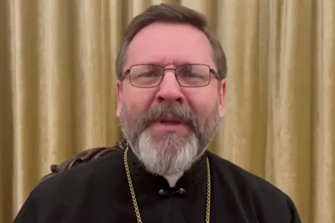 Major Archbishop Sviatoslav Shevchuk records a video message on Feb. 28, 2022