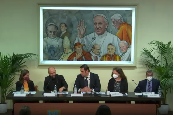 Father Vyacheslav Grynevych, secretary general of Caritas-Spes Ukraine, speaks at a press conference in Rome, May 16, 2022. Screenshot from Vatican News YouTube channel.