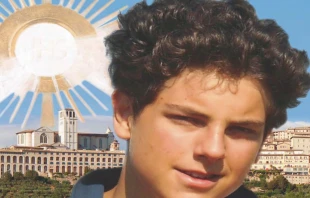 A detail from a poster marking the liturgical memorial of Bl. Carlo Acutis on Oct. 12, 2021. Diocese of Assisi-Nocera Umbra-Gualdo Tadino.