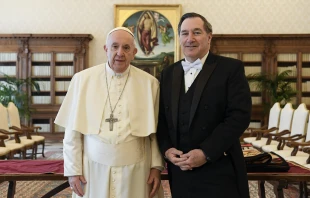 Pope Francis meets with Joe Donnelly, the new U.S. Ambassador to Holy See, at the Vatican, April 11, 2022. Vatican Media.