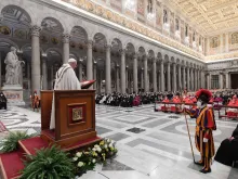 Pope Francis presides at the celebration of Second Vespers of the Solemnity of the Conversion of St. Paul at Rome’s Basilica of St. Paul Outside-the-Walls, Jan. 25, 2021.