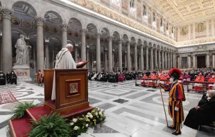 Pope Francis presides at the celebration of Second Vespers of the Solemnity of the Conversion of St. Paul at Rome’s Basilica of St. Paul Outside-the-Walls, Jan. 25, 2021. Vatican Media.