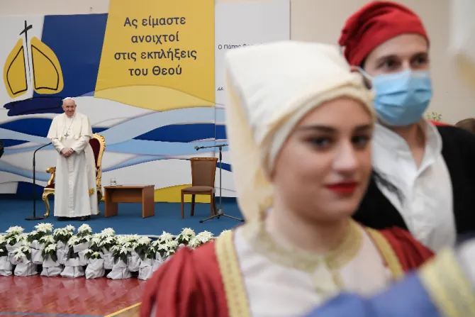 Pope Francis meets with young people at St. Dionysius School of the Ursuline Sisters in Maroussi, Athens, Dec. 6, 2021