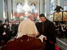 Pope Francis visits the Maronite Cathedral of Our Lady of Grace in Nicosia, Cyprus, Dec. 2, 2021.