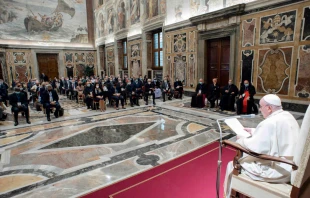 Pope Francis addresses participants in the plenary assembly of the Pontifical Academy for Life in the Vatican’s Clementine Hall, Sept. 27, 2021. Vatican Media.