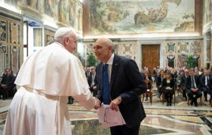 Pope Francis meets participants in a congress promoted by the Italian Society of Hospital Pharmacy and Pharmaceutical Services of Health Authorities at the Vatican, Oct. 14, 2021. Vatican Media.