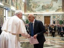 Pope Francis meets participants in a congress promoted by the Italian Society of Hospital Pharmacy and Pharmaceutical Services of Health Authorities at the Vatican, Oct. 14, 2021.