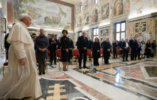 Pope Francis greets members of the Biomedical University Foundation of the Biomedical Campus University, at the Vatican’s Clementine Hall, Oct. 18, 2021. Vatican Media.