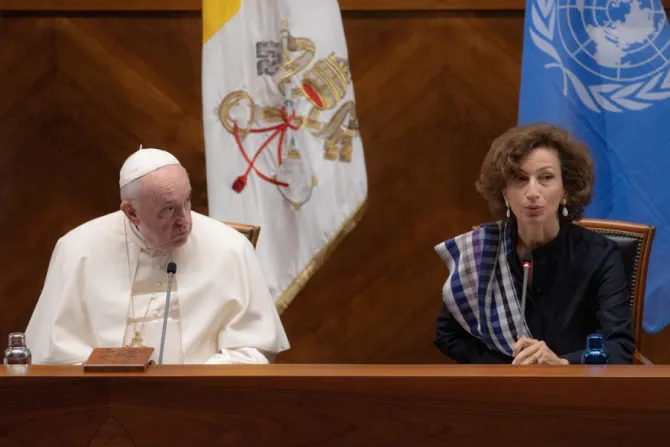 Pope Francis and UNESCO’s Audrey Azoulay at Rome’s Pontifical Lateran University, Oct. 7, 2021