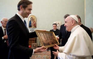 Pope Francis meets members of the Swedish Academy at the Vatican's Hall of Popes, Nov. 19, 2021. Vatican Media