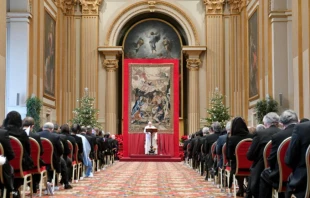 Pope Francis meets with diplomats accredited to the Holy See at the Vatican’s Hall of Blessings, Jan. 10, 2022. Vatican Media.