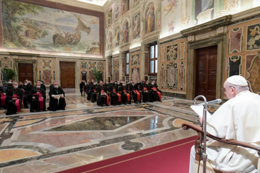 Pope Francis meets participants in the plenary session of the Congregation for the Doctrine of the Faith at the Vatican’s Clementine Hall, Jan. 21, 2022.?w=200&h=150
