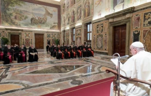 Pope Francis meets participants in the plenary session of the Congregation for the Doctrine of the Faith at the Vatican’s Clementine Hall, Jan. 21, 2022. Vatican Media.