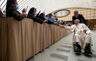 Pope Francis meets participants in the plenary assembly of the International Union of Superiors General on May 5, 2022. Vatican Media.