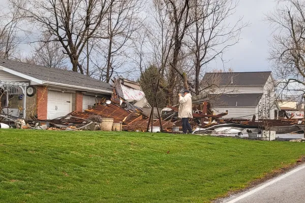 A large portion of the roof from St. Joseph Church in Vanderburgh County landed in the driveway of church neighbors and parishioners Harry and Madonna Lincoln. Don Werner/The Message, Diocese of Evansville