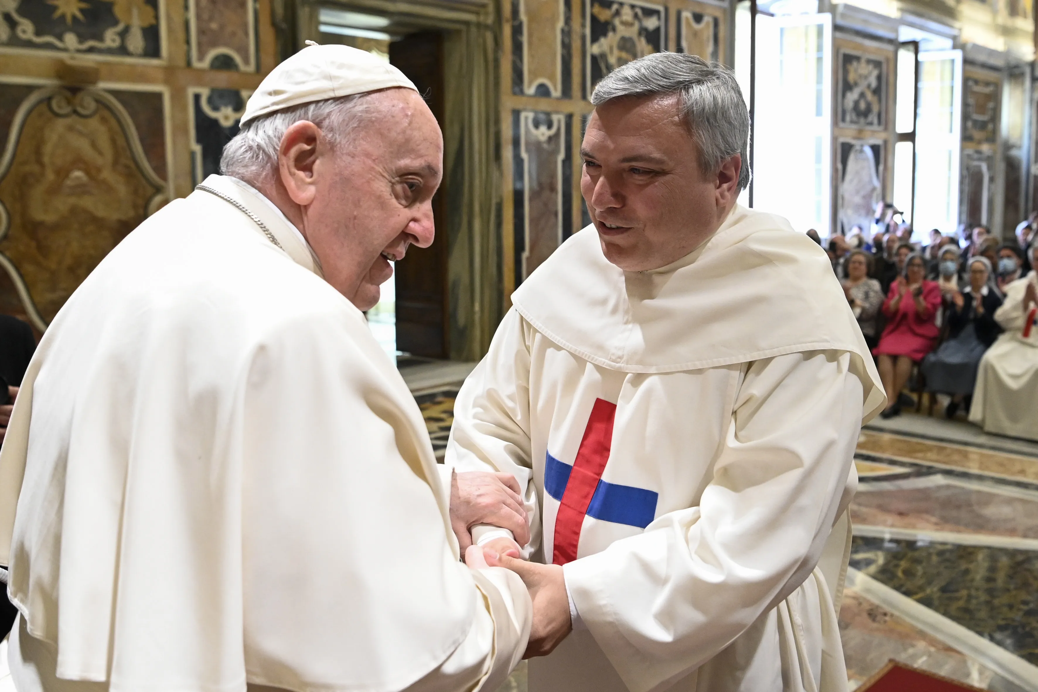 Pope Francis greets a representative of the Order of the Most Holy Trinity and of the Captives at the Vatican's Clementine Hall, April 25, 2022.?w=200&h=150