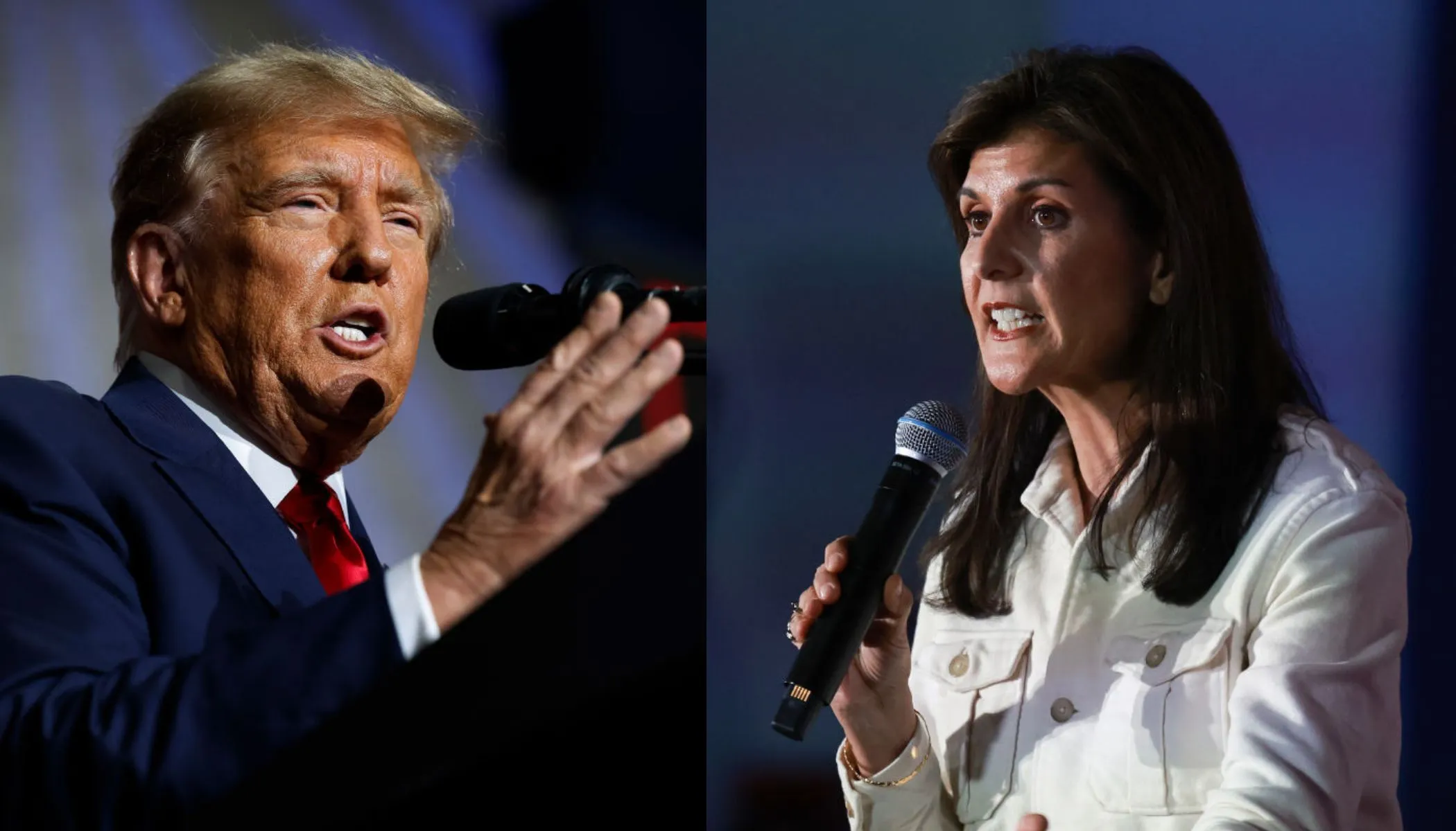 Former U.S. President Donald Trump speaks on Jan. 15, 2024, in Des Moines, Iowa; former U.N. Ambassador Nikki Haley speaks during a campaign event on Jan. 17, 2024, in Rochester, New Hampshire.?w=200&h=150