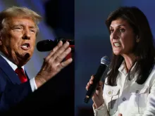 Former U.S. President Donald Trump speaks on Jan. 15, 2024, in Des Moines, Iowa; former U.N. Ambassador Nikki Haley speaks during a campaign event on Jan. 17, 2024, in Rochester, New Hampshire.