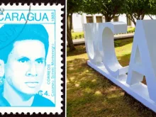 (Left) A stamp printed in Nicaragua shows the face of Casimiro Sotelo Montenegro. (right) Letters from the Central American University.
