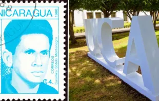 (Left) A stamp printed in Nicaragua shows the face of Casimiro Sotelo Montenegro. (right) Letters from the Central American University. Credit: Lefteris Papaoulakis/Shutterstock and Jesuits Central America