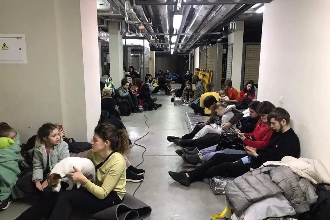 Ukrainian Catholic University students took shelter after air raid alarm sounded in Lviv, Ukraine on the morning of Feb. 25, 2022.?w=200&h=150