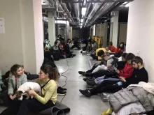 Ukrainian Catholic University students took shelter after air raid alarm sounded in Lviv, Ukraine on the morning of Feb. 25, 2022.
