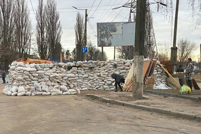 Sandbags are piled up in Zhytomyr, Ukraine.