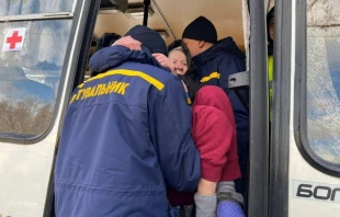 Civilians are evacuated from Irpin, a city next to the Ukrainian capital Kyiv. State Emergency Service.